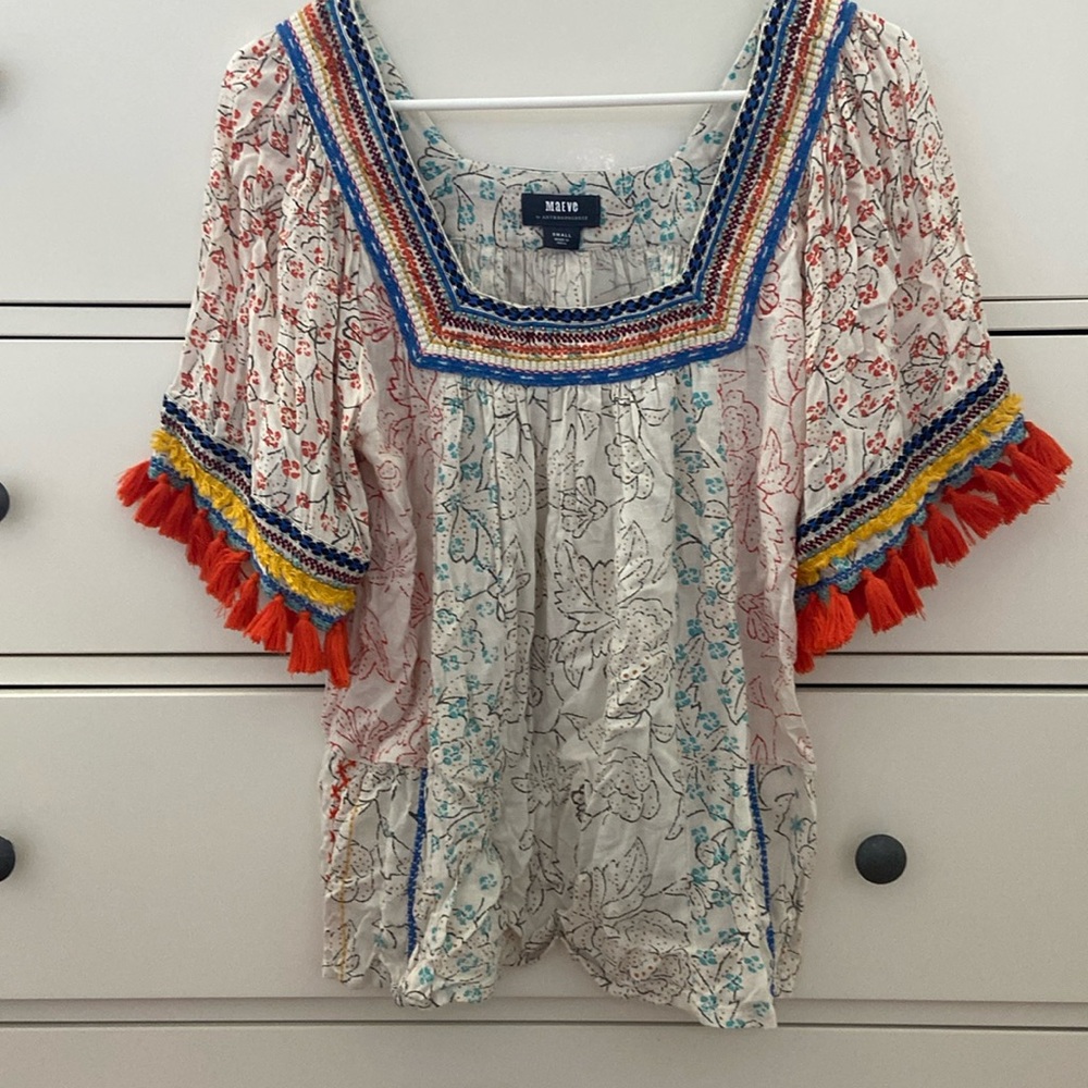 Anthropologie Cream Boho Embroidered Tassel Peasant Blouse